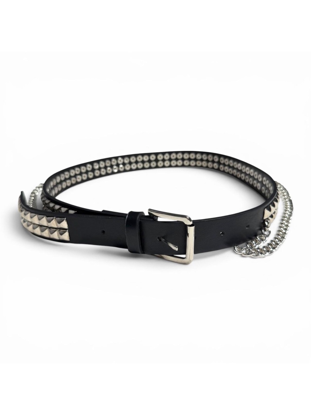 Dolls Kill Bold Edge Black Faux Leather Silver Studded Belt with Chains